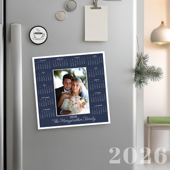 2026 Blue Photo Magnetic Calendar Holiday Card (2026 Navy Blue Photo Magnetic Calendar Holiday Card)
