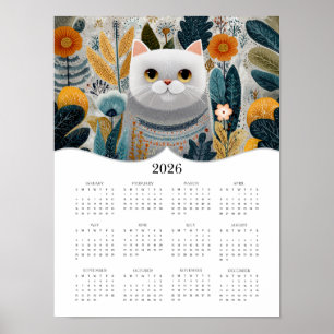 2026 Boho Abstract Cat Art Full Year Calendar Poster
