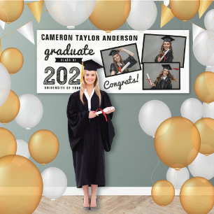 2026 Bold Sketch 3 Photo Black & White Graduation Banner