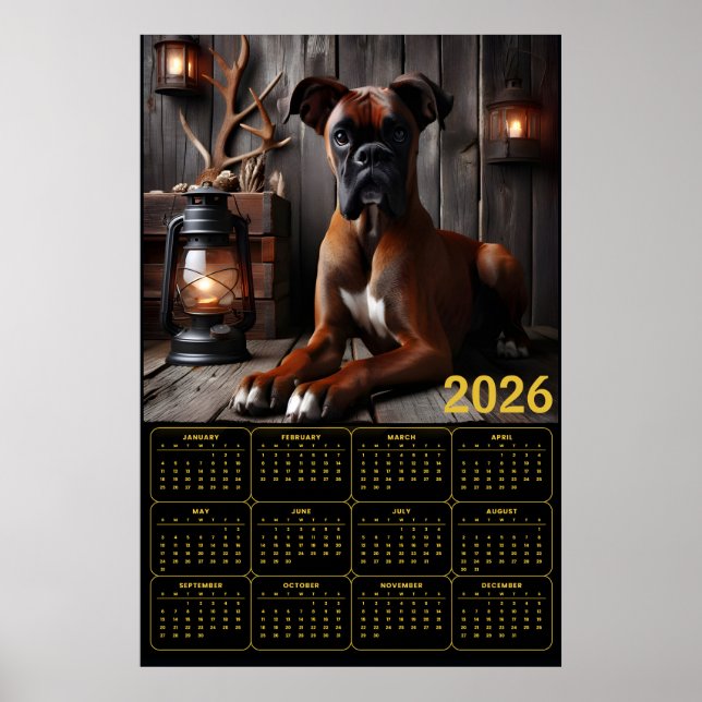 2026 Boxer Dog Calendar – Rustic Cabin Portrait Poster (Front)