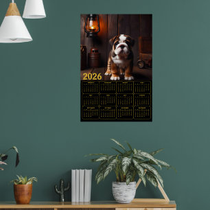 2026 Bulldog Puppy with Lantern Calendar Poster