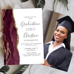 2026 Burgundy Gold Agate Photo Graduation Invitation