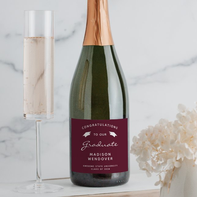 2026 Burgundy White Script Cap Graduation Sparkling Wine Label (Creator Uploaded)