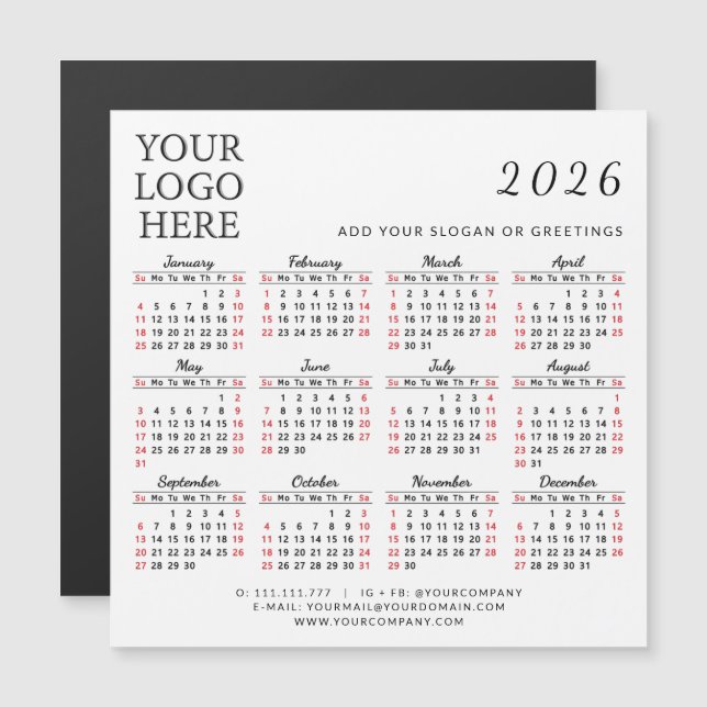 2026 Business Calendar Magnet Company Logo Simple (Front/Back)
