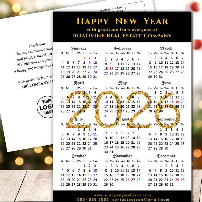 2026 Business Calendar Modern Black Gold Glitter Holiday Postcard (Creator Uploaded)