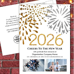 2026 Business Photo Festive Fireworks Gold Glitter Holiday Postcard