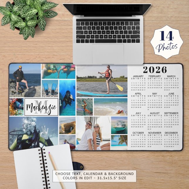 2026 Calendar 14 Photos Monogram Name Custom Colou Desk Mat (Creator Uploaded)
