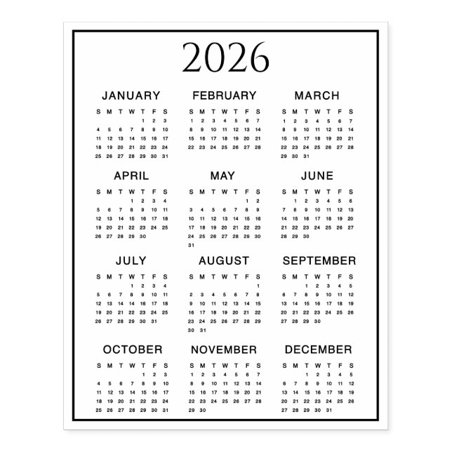 2026 Calendar #2 Four Rows, Three Columns Rubber Stamp (Imprint)