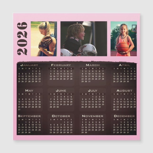 2026 Calendar 3 Photo Collage Magnet Card (Front)