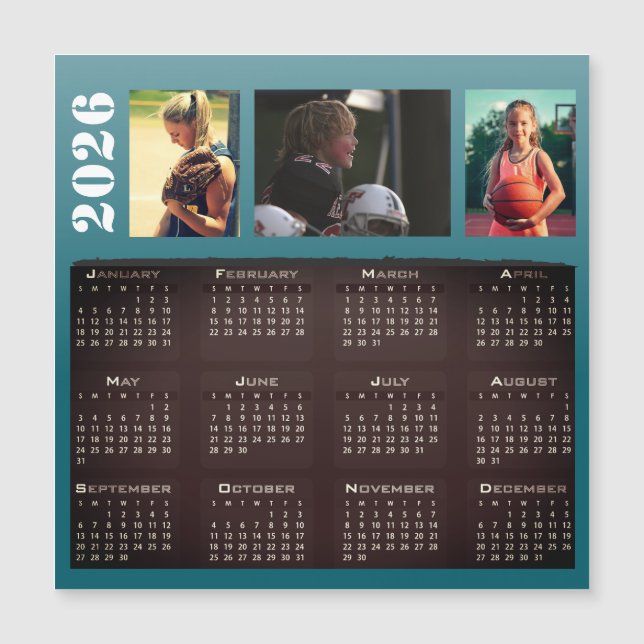 2026 Calendar 3 Photo Collage Magnet Card (Front)