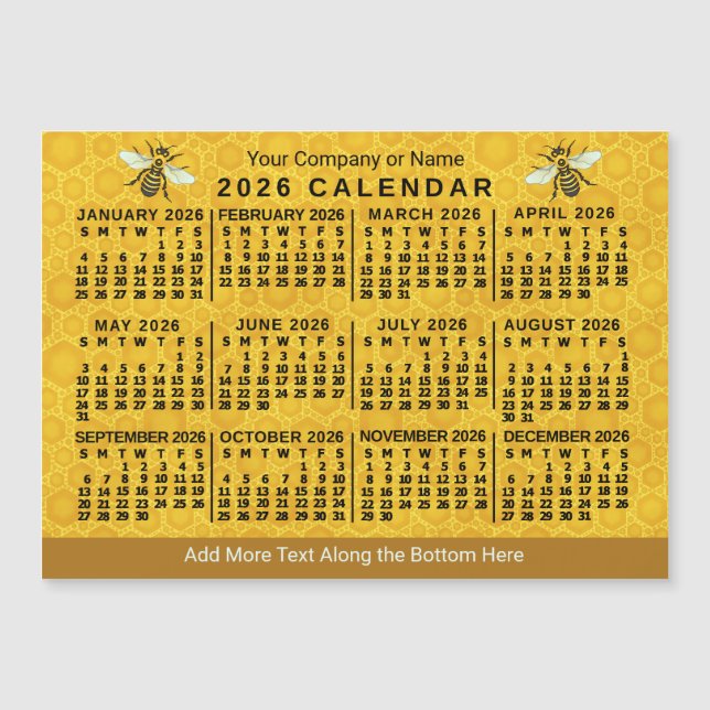 2026 Calendar Bee Honeycomb Custom Apiary Magnet (Front)