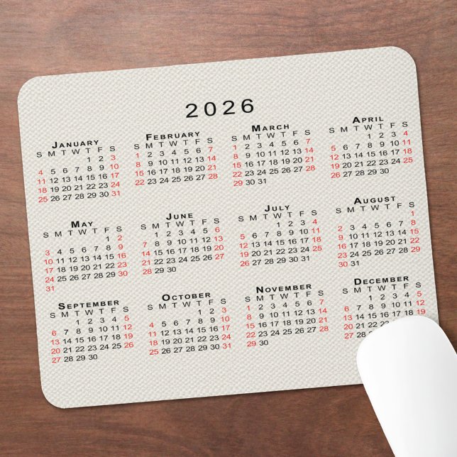 2026 Calendar Beige Faux Canvas Texture Mouse Mat (2026 Calendar Beige Faux Canvas Texture Mouse Pad, in situ)