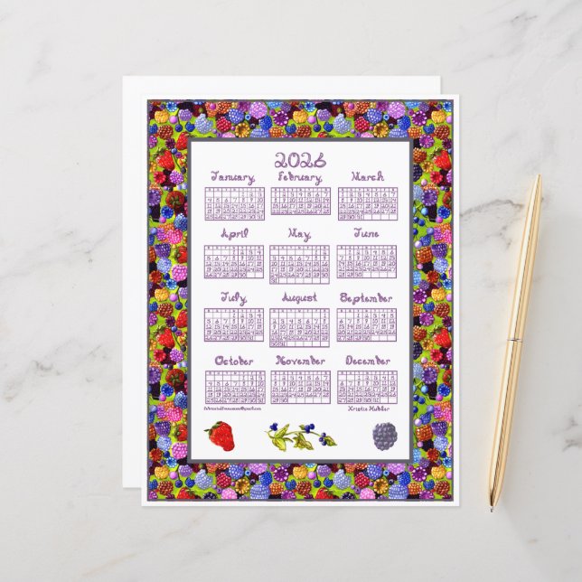 2026 Calendar Berries Art Frame Berry Fabric Font (Front/Back In Situ)