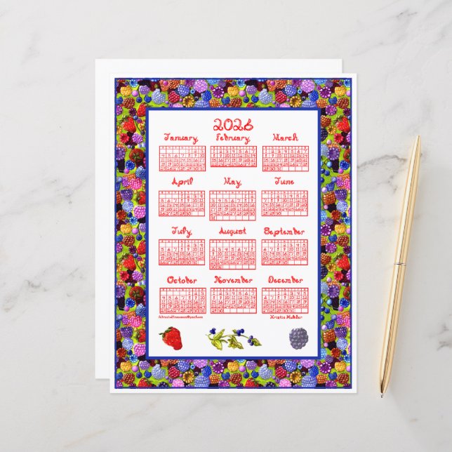 2026 Calendar Berries Art Frame Red Fabric Font (Front/Back In Situ)
