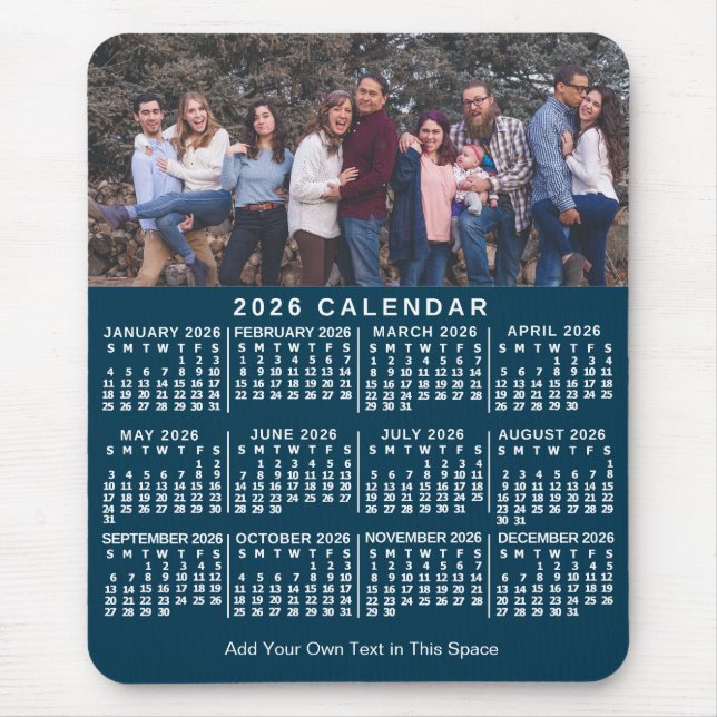2026 Calendar Blue Personalized Photo Name Bold Mouse Mat (Front)