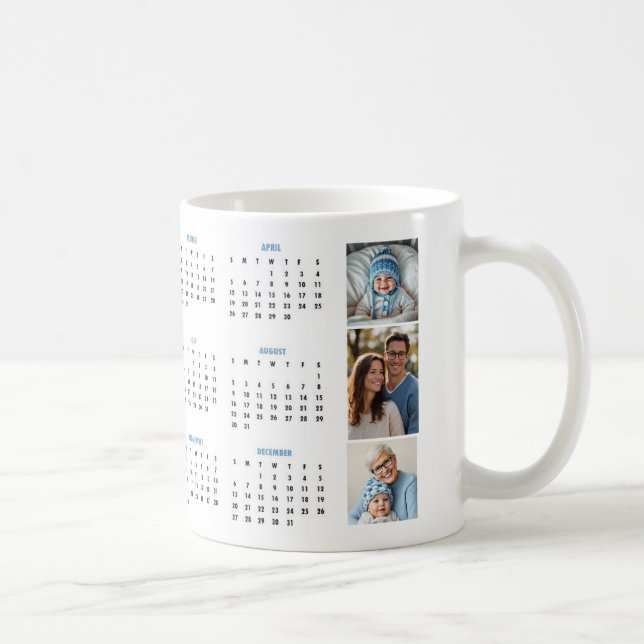 2026 calendar blue photo collage three photos coffee mug (Right)