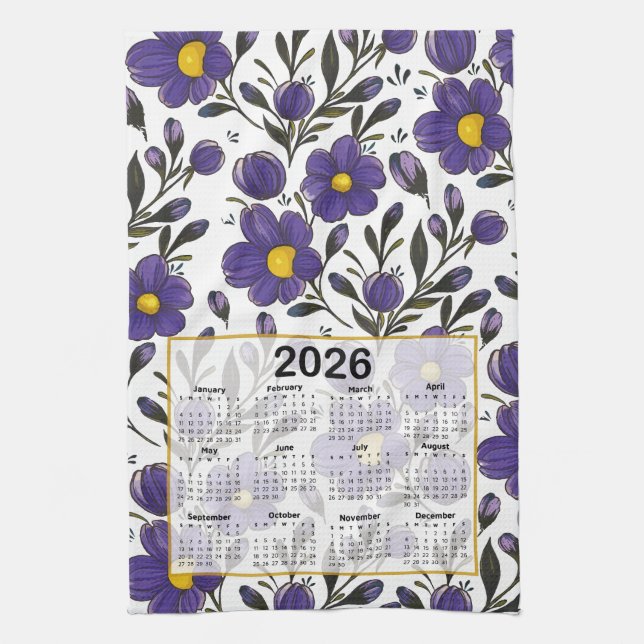 2026 Calendar Blue Violet Flowers with Leaves Tea Towel (Vertical)