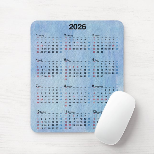 2026 Calendar Blue Watercolor Abstract Mouse Mat (With Mouse)