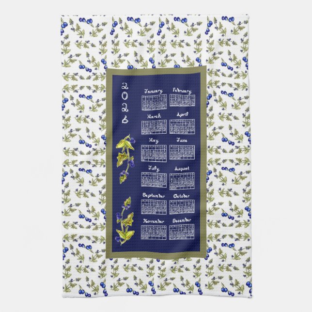 2026 Calendar Blueberries On Stem Vine Leaves Navy Tea Towel (Vertical)