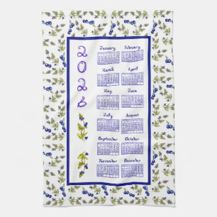 2026 Calendar Blueberries Stem Leaves White Tea Towel