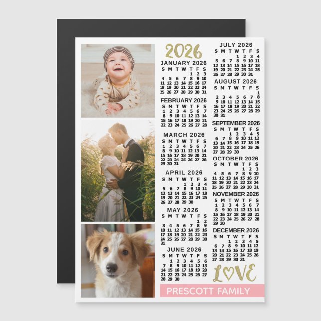 2026 Calendar Blush Pink Gold Custom Family Photos Magnetic Invitation (Front/Back)