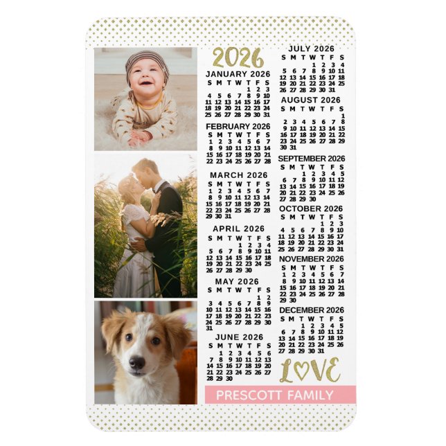 2026 Calendar Blush Pink Gold Family Photo Collage Magnet (Vertical)
