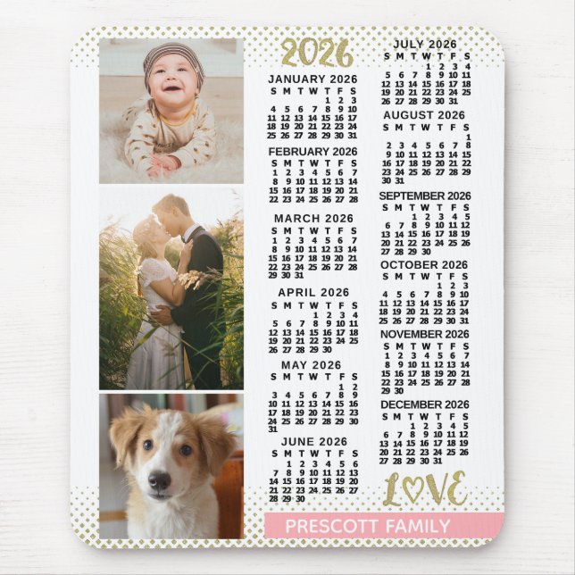 2026 Calendar Blush Pink Gold Family Photo Collage Mouse Mat (Front)