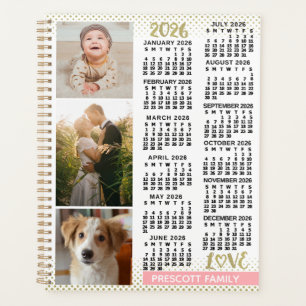 2026 Calendar Blush Pink Gold Family Photo Collage Planner
