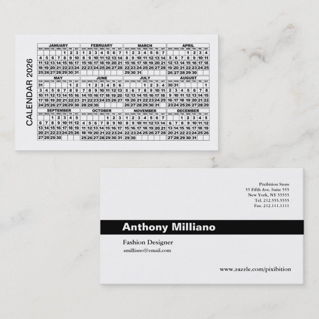 2026 Calendar Business Card horizontal White (Front/Back)