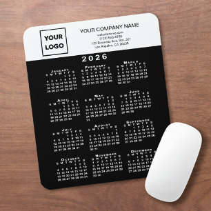 2026 Calendar Business Logo and Text Black White Mouse Mat