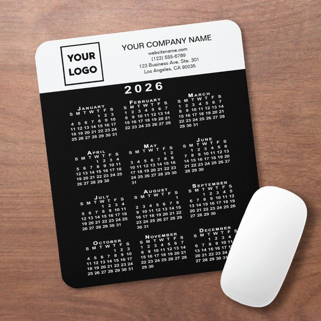 2026 Calendar Business Logo and Text Black White Mouse Mat (2026 Calendar Business Logo and Text Black White Mouse Pad, in situ)