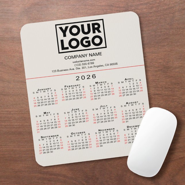 2026 Calendar Business Logo and Text on Beige Mouse Mat (2026 Calendar Business Logo and Text on Beige Mouse Pad, in situ)