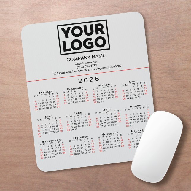 2026 Calendar Business Logo and Text on Grey Mouse Mat (2026 Calendar Business Logo and Text on Grey Mouse Pad, in situ)