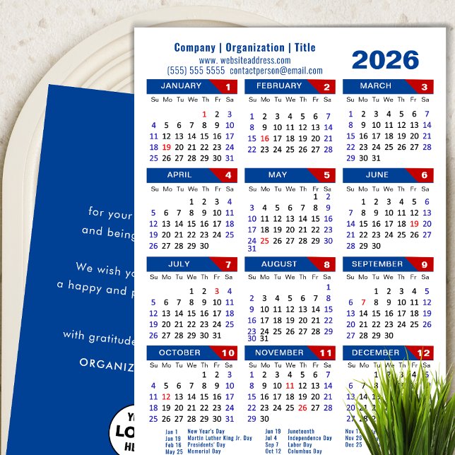 2026 Calendar Business Logo Blue Red Minimalist Holiday Card (Creator Uploaded)