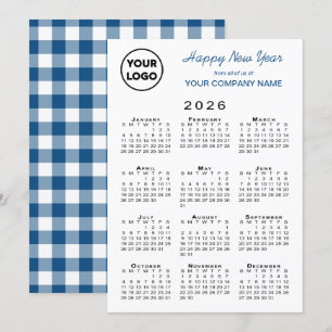 2026 Calendar Business Logo Blue White Gingham Holiday Card