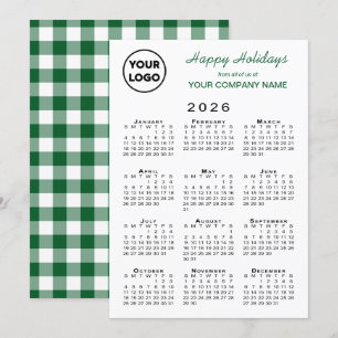 2026 Calendar Business Logo Green White Gingham Holiday Card