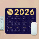 2026 Calendar Business Logo Navy & Gold Corporate Mouse Mat<br><div class="desc">Create custom 2026 calendar mouse pad with your company logo using this modern navy blue and gold effect calendar design. Great to use as a promotional gift for clients and employees. Featuring faux gold effects over a dark blue background, your business logo & contact details - these 2026 calendar mouse...</div>