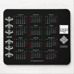 2026 Calendar Business Logo QR Code Black Baroque Mouse Mat