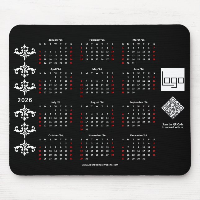 2026 Calendar Business Logo QR Code Black Baroque Mouse Mat (Front)