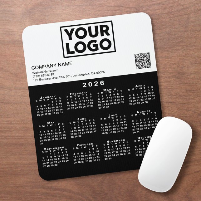 2026 Calendar Business Logo QR Code Black White Mouse Mat (2026 Calendar Business Logo QR Code Black White Mouse Pad, in situ)