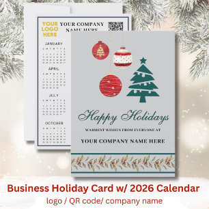 2026 Calendar Business Logo QR Festive  Holiday Card