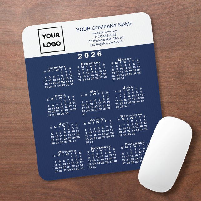2026 Calendar Business Logo Text Navy Blue White Mouse Mat (2026 Calendar Business Logo Text Navy Blue White Mouse Pad, in situ)
