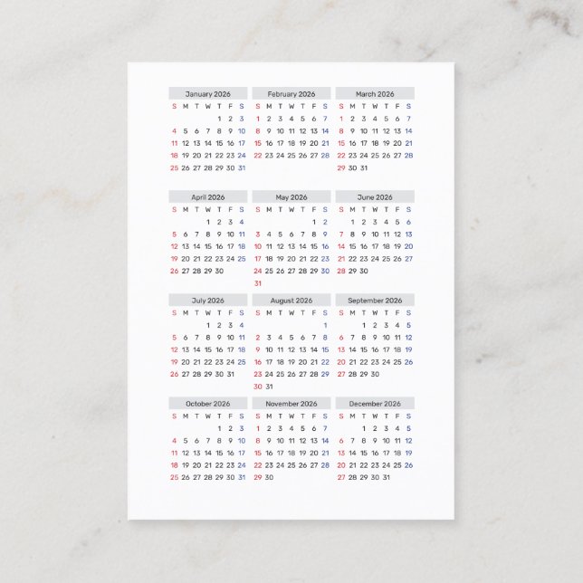 2026 Calendar Card: Sunday Start, Black & White  Business Card (Back)
