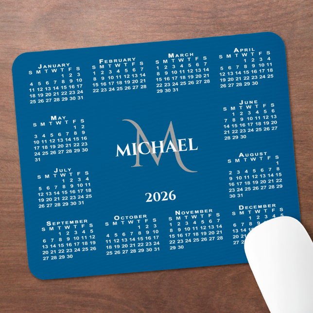 2026 Calendar Chic Monogram Name on Blue Mouse Mat (2026 Calendar Chic Monogram Name on Blue Mouse Pad with mouse)