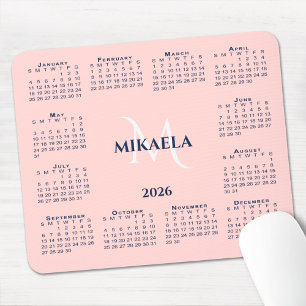 2026 Calendar Chic Monogram Name on Coral Pink Mouse Mat