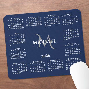 2026 Calendar Chic Monogram Name on Navy Blue Mouse Mat