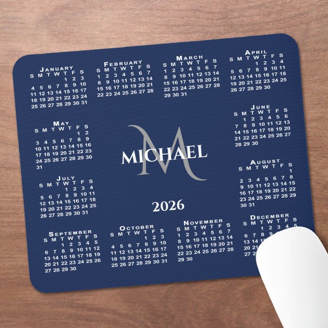 2026 Calendar Chic Monogram Name on Navy Blue Mouse Mat (2026 Calendar Chic Monogram Name on Navy Blue Mouse Pad, in situ)