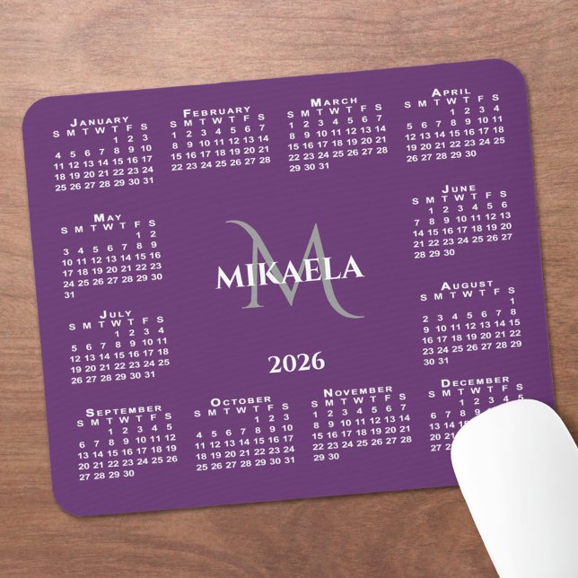 2026 Calendar Chic Monogram Name on Purple Mouse Mat (2026 Calendar Chic Monogram Name on Purple Mouse Pad, in situ)