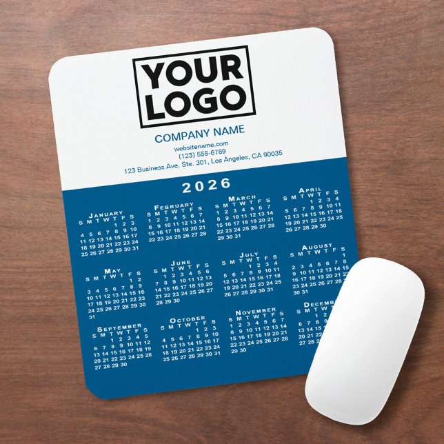 2026 Calendar Company Logo and Text Blue White Mouse Mat (2026 Calendar Company Logo and Text Blue White Mouse Pad, in situ)