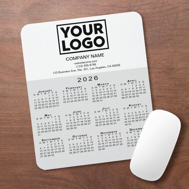 2026 Calendar Company Logo and Text Grey White Mouse Mat (2026 Calendar Company Logo and Text Grey White Mouse Pad, in situ)